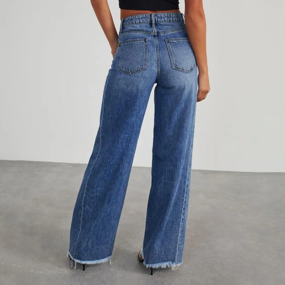Women's Denim Pants High Waist Wide Leg Jeans Casual Straight Leg Frayed Hem Jean Trousers With Pockets Women Slim Fit Jeans