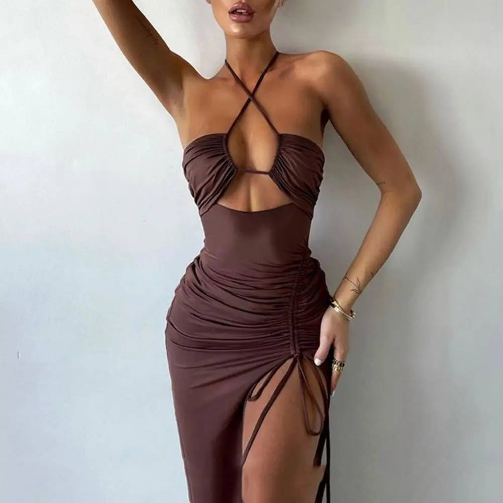 Sexy Halter Neck Maxi Dress Solid Color Maxi Dress Elegant Backless Sleeveless Skinny Exposed High Split Hem Club Party Dress