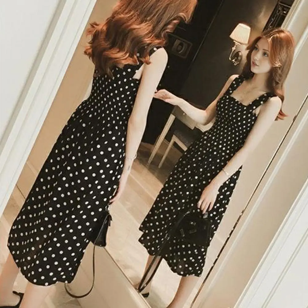 Dot Print Dress Women's Midi Dresses 2024 Summer Fashion Loose None Sleeve Polka Dot Shoulder Plus Size Casual Dress Sexy Dress