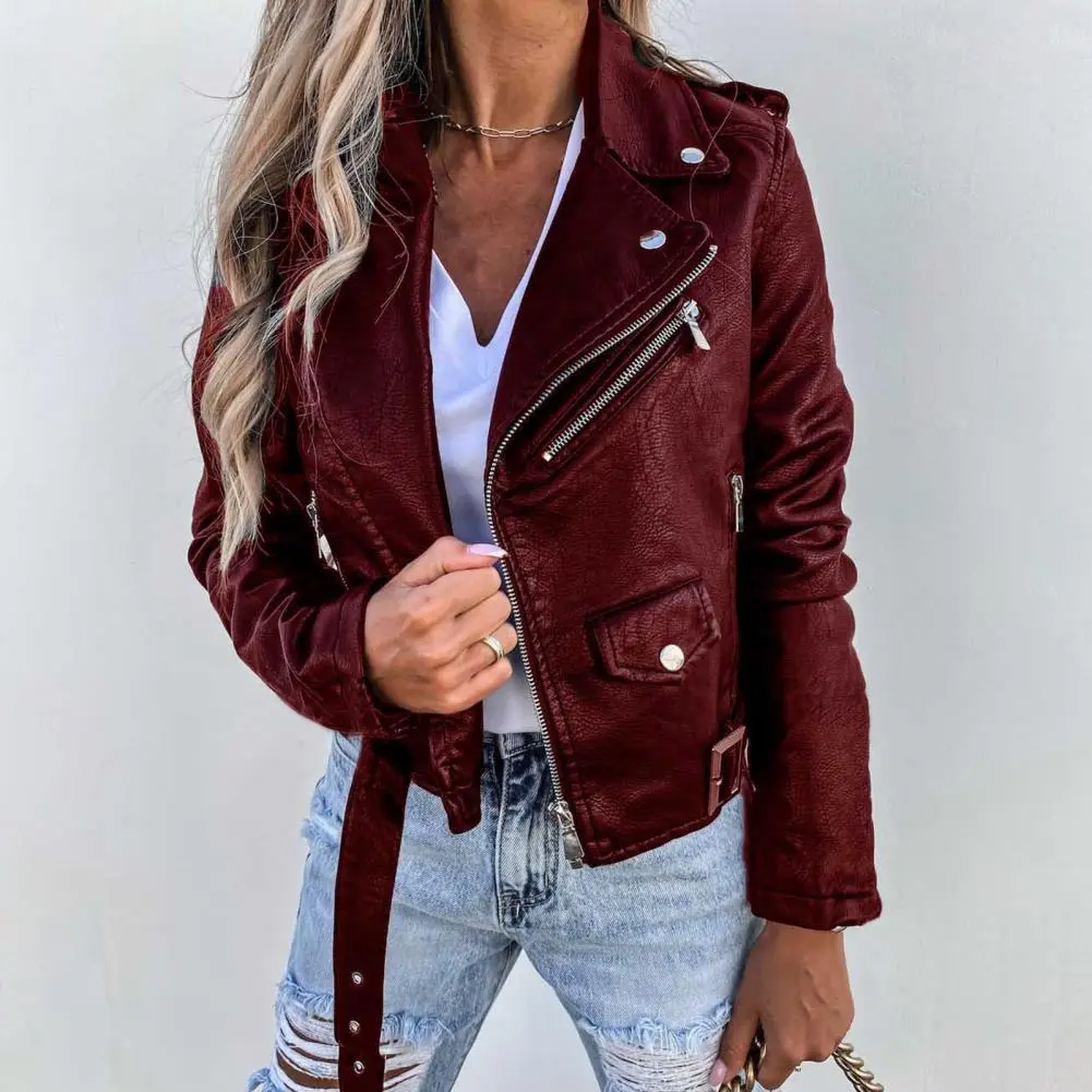 PU Leather Women Jacket Short Zipper Motorcycle Jacket Windproof Faux Leather Turn-down Collar Biker Coat Fashion Moto Jacket