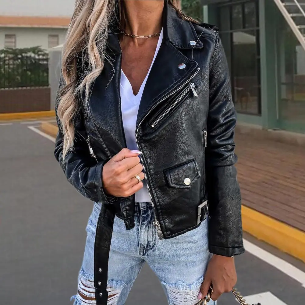 PU Leather Women Jacket Short Zipper Motorcycle Jacket Windproof Faux Leather Turn-down Collar Biker Coat Fashion Moto Jacket