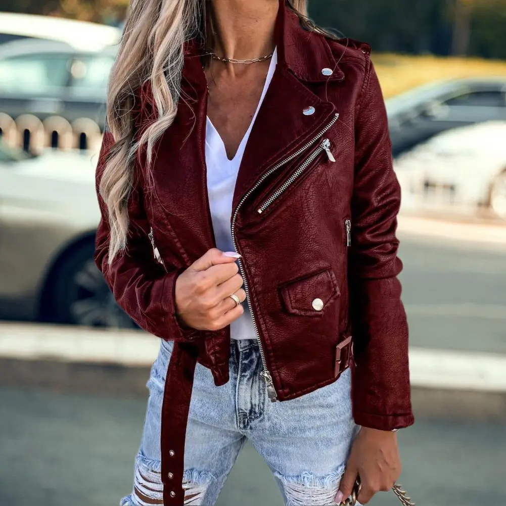 PU Leather Women Jacket Short Zipper Motorcycle Jacket Windproof Faux Leather Turn-down Collar Biker Coat Fashion Moto Jacket