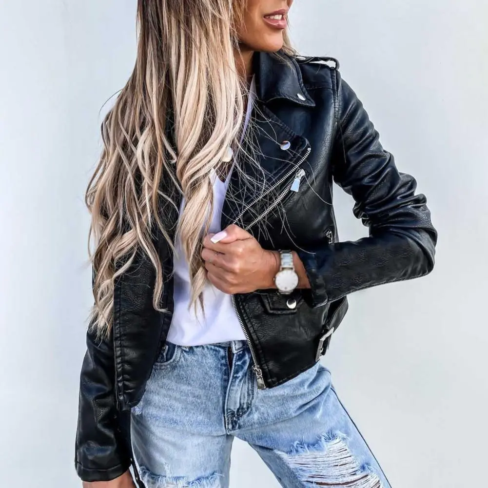 PU Leather Women Jacket Short Zipper Motorcycle Jacket Windproof Faux Leather Turn-down Collar Biker Coat Fashion Moto Jacket