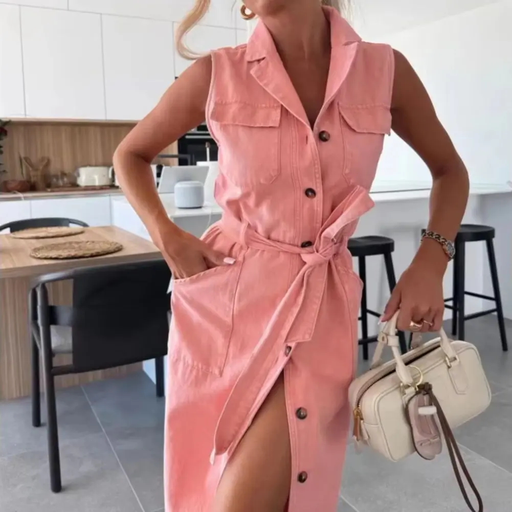 2025 New Women Denim Shirt Dress Summer Sleeveless Button Down Maxi Dress With Belt Lapel V Neck Long Jean Dress With Pockets
