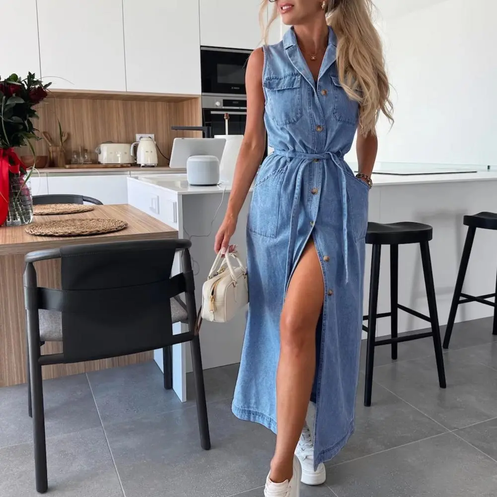 2025 New Women Denim Shirt Dress Summer Sleeveless Button Down Maxi Dress With Belt Lapel V Neck Long Jean Dress With Pockets
