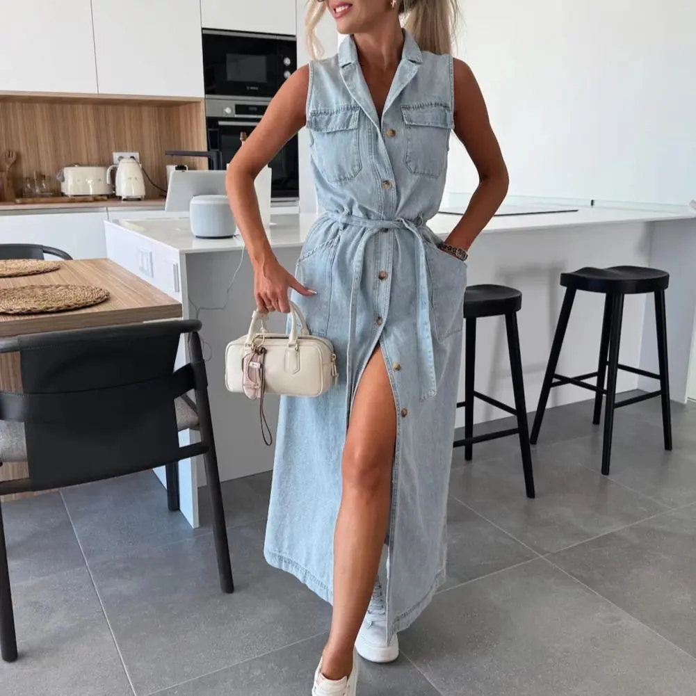 2025 New Women Denim Shirt Dress Summer Sleeveless Button Down Maxi Dress With Belt Lapel V Neck Long Jean Dress With Pockets