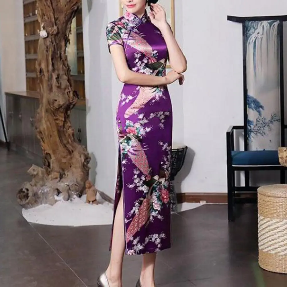 Silky Satin Chinese Cheongsam Dress Traditional Chinese Dress Slim Fit Stand Collar Floral Print Slit Hem Qipao New Year Dress