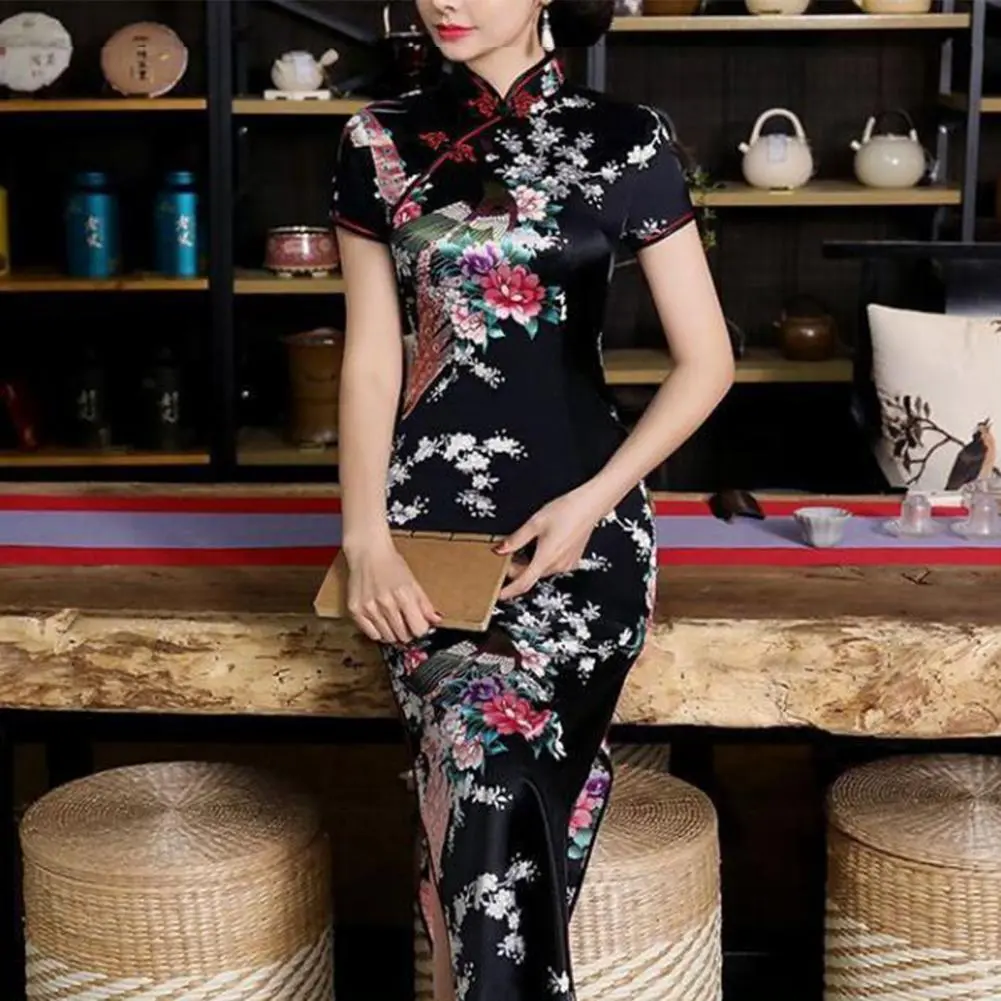 Silky Satin Chinese Cheongsam Dress Traditional Chinese Dress Slim Fit Stand Collar Floral Print Slit Hem Qipao New Year Dress