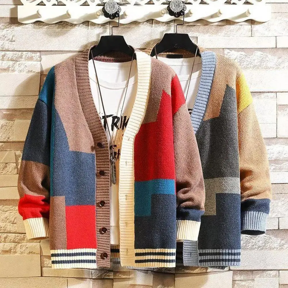 V Neck Men Jacket Men Knitted Sweater Stylish Men's Colorblock Knitted Sweater Coat Warm Mid-length V-neck Cardigan for Fall