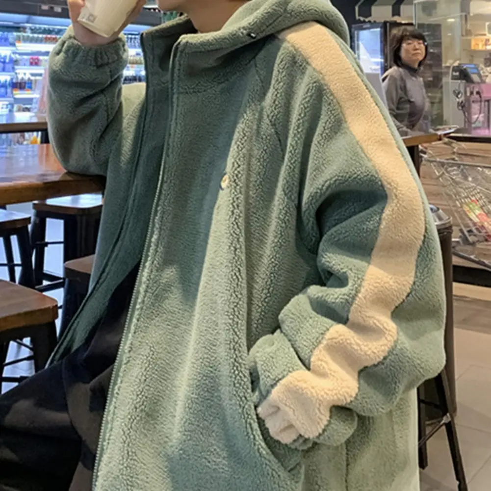 Men Polyester Jacket Hooded Men Coat Winter Warm Men's Hooded Jacket with Faux Sherpa Drawstring Hem Contrast Color for Students