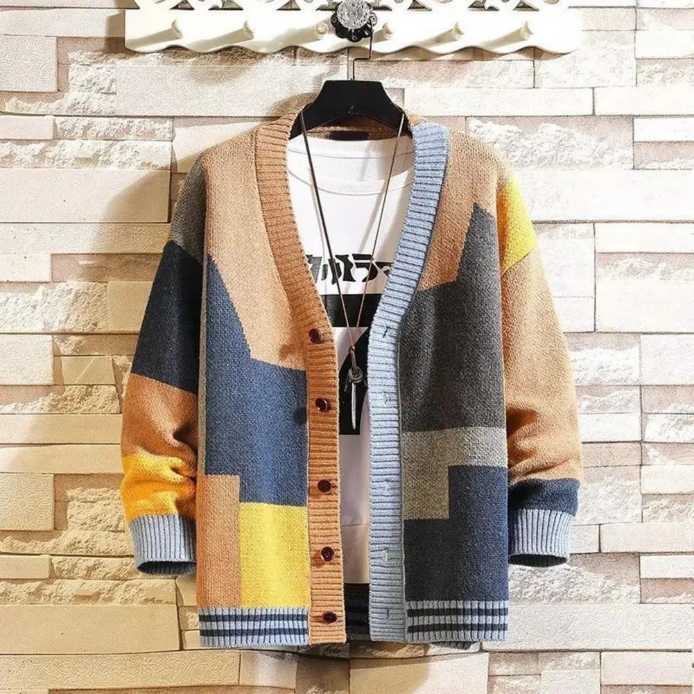 V Neck Men Jacket Men Knitted Sweater Stylish Men's Colorblock Knitted Sweater Coat Warm Mid-length V-neck Cardigan for Fall