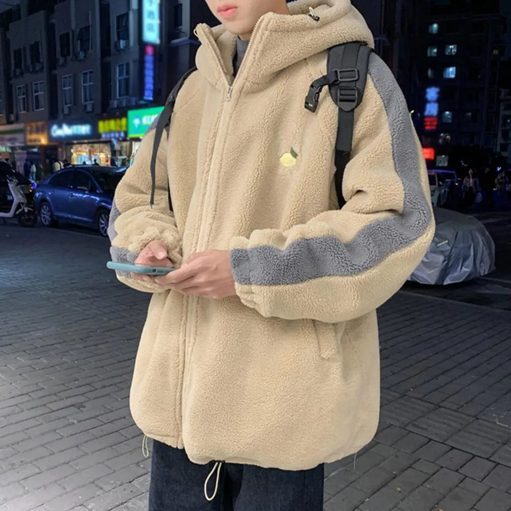 Men Polyester Jacket Hooded Men Coat Winter Warm Men's Hooded Jacket with Faux Sherpa Drawstring Hem Contrast Color for Students