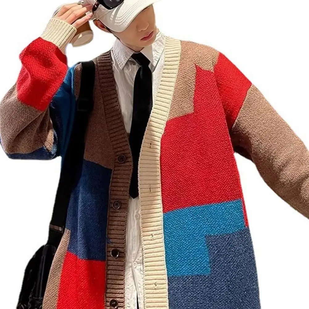 V Neck Men Jacket Men Knitted Sweater Stylish Men's Colorblock Knitted Sweater Coat Warm Mid-length V-neck Cardigan for Fall