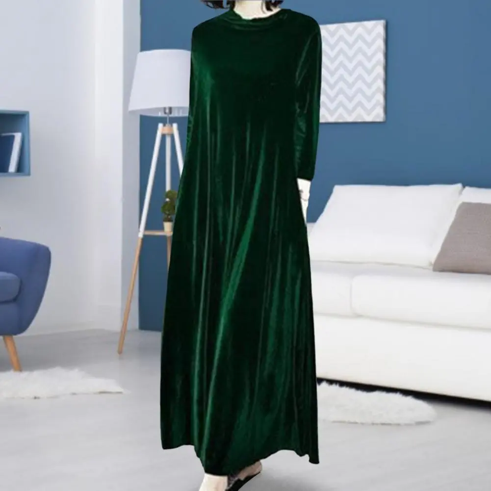 Women Solid Color Velvet Long Dress Pile CollarA Line High Waisted Autumn Dress Pleated Loose Hem Plush Velvet Maxi Dresses