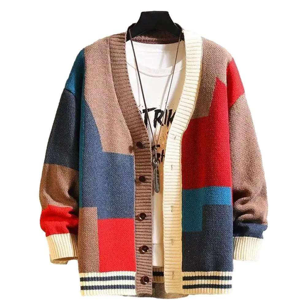 V Neck Men Jacket Men Knitted Sweater Stylish Men's Colorblock Knitted Sweater Coat Warm Mid-length V-neck Cardigan for Fall