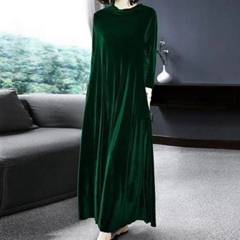 Women Solid Color Velvet Long Dress Pile CollarA Line High Waisted Autumn Dress Pleated Loose Hem Plush Velvet Maxi Dresses