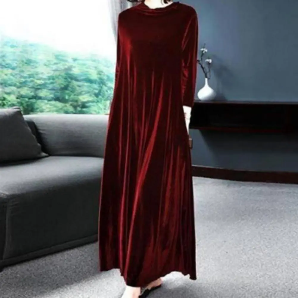 Women Solid Color Velvet Long Dress Pile CollarA Line High Waisted Autumn Dress Pleated Loose Hem Plush Velvet Maxi Dresses