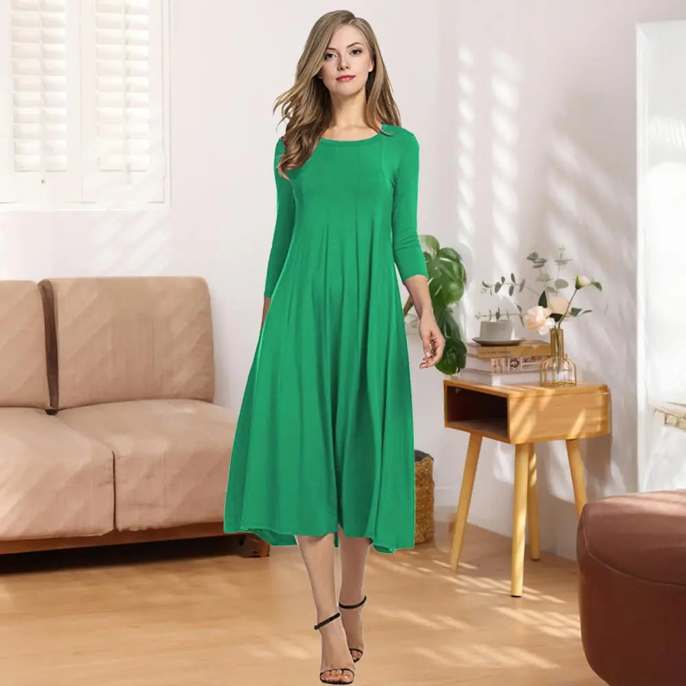 Casual Loose Cut Dress Women A-line Dress Elegant Women's Cotton Swing Dress with 3/4 Sleeve Crew Neck Loose Pleated for Autumn