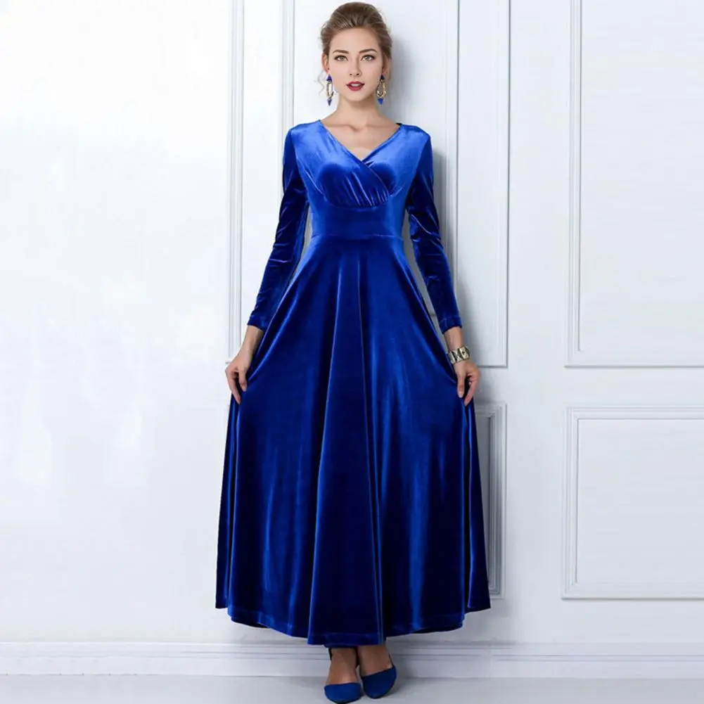 Golden Velvet V Neck Women Dress Pleated A-line Pure Color Long Sleeves Autumn Long Dress High Waist Prom Party Maxi Dress