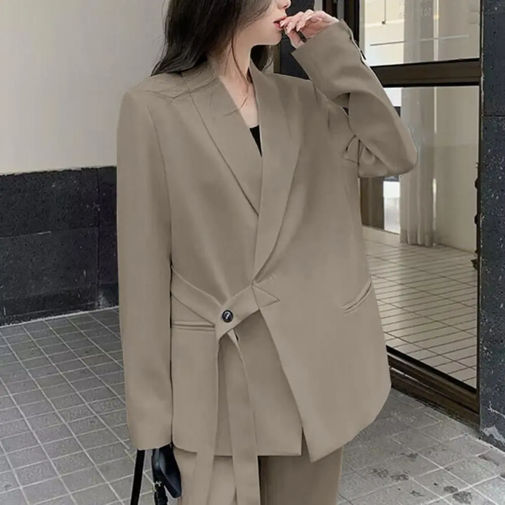 Side Button Lace up women coat Fashion Pockets Single Breasted Vintage Notched Neck Female Chic Lady Outfits