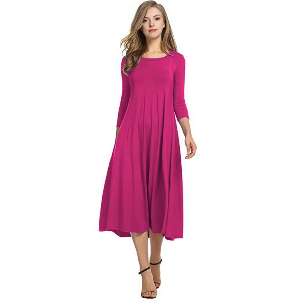 Casual Loose Cut Dress Women A-line Dress Elegant Women's Cotton Swing Dress with 3/4 Sleeve Crew Neck Loose Pleated for Autumn