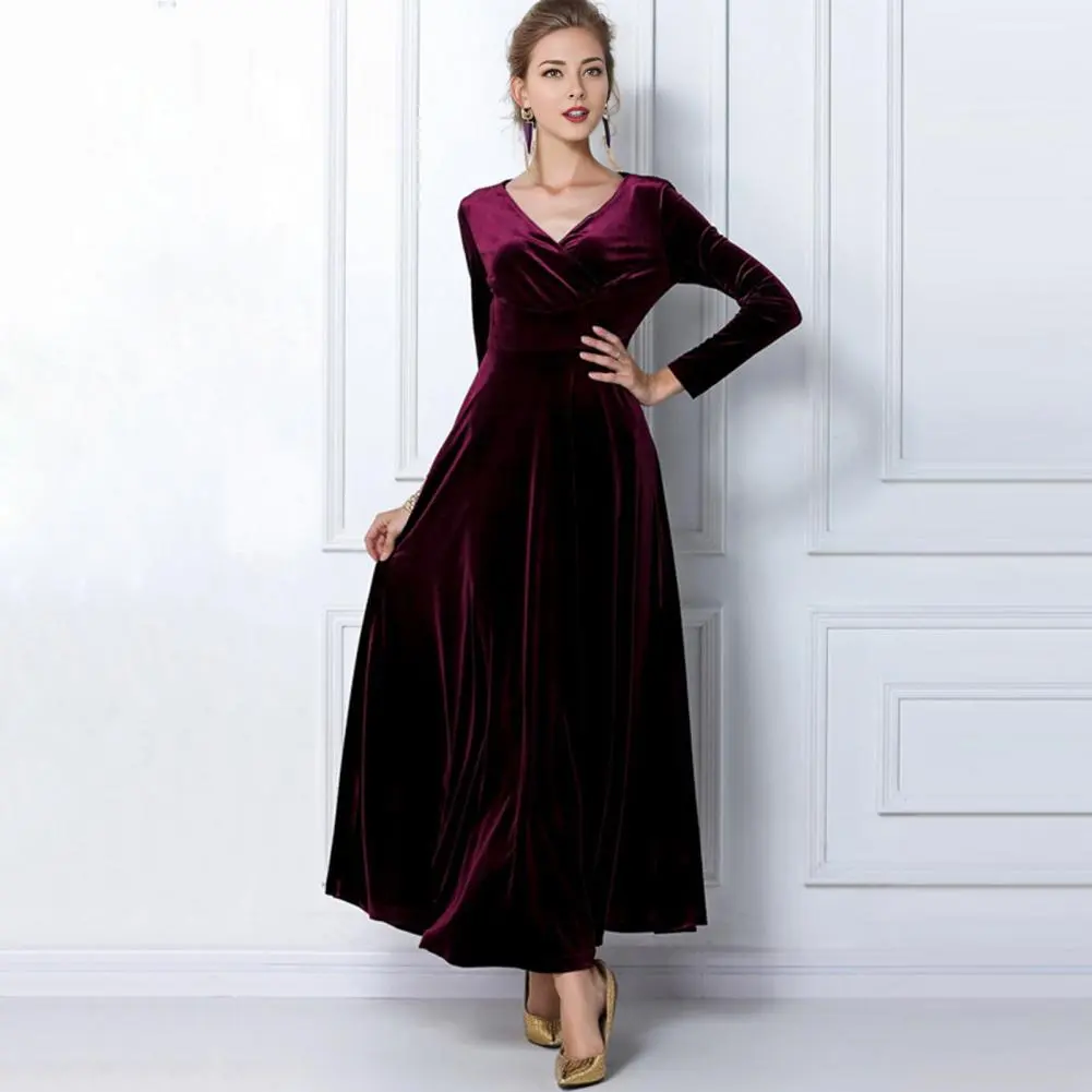 Golden Velvet V Neck Women Dress Pleated A-line Pure Color Long Sleeves Autumn Long Dress High Waist Prom Party Maxi Dress