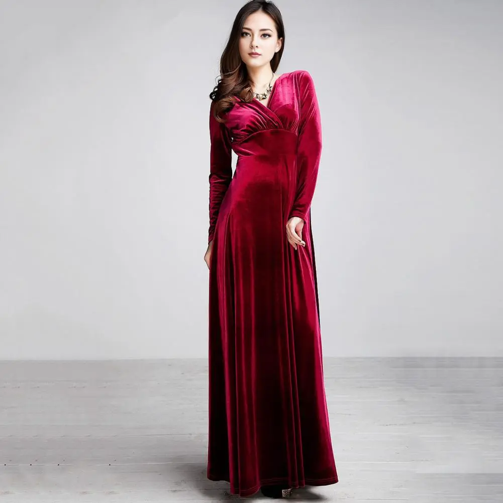 Golden Velvet V Neck Women Dress Pleated A-line Pure Color Long Sleeves Autumn Long Dress High Waist Prom Party Maxi Dress