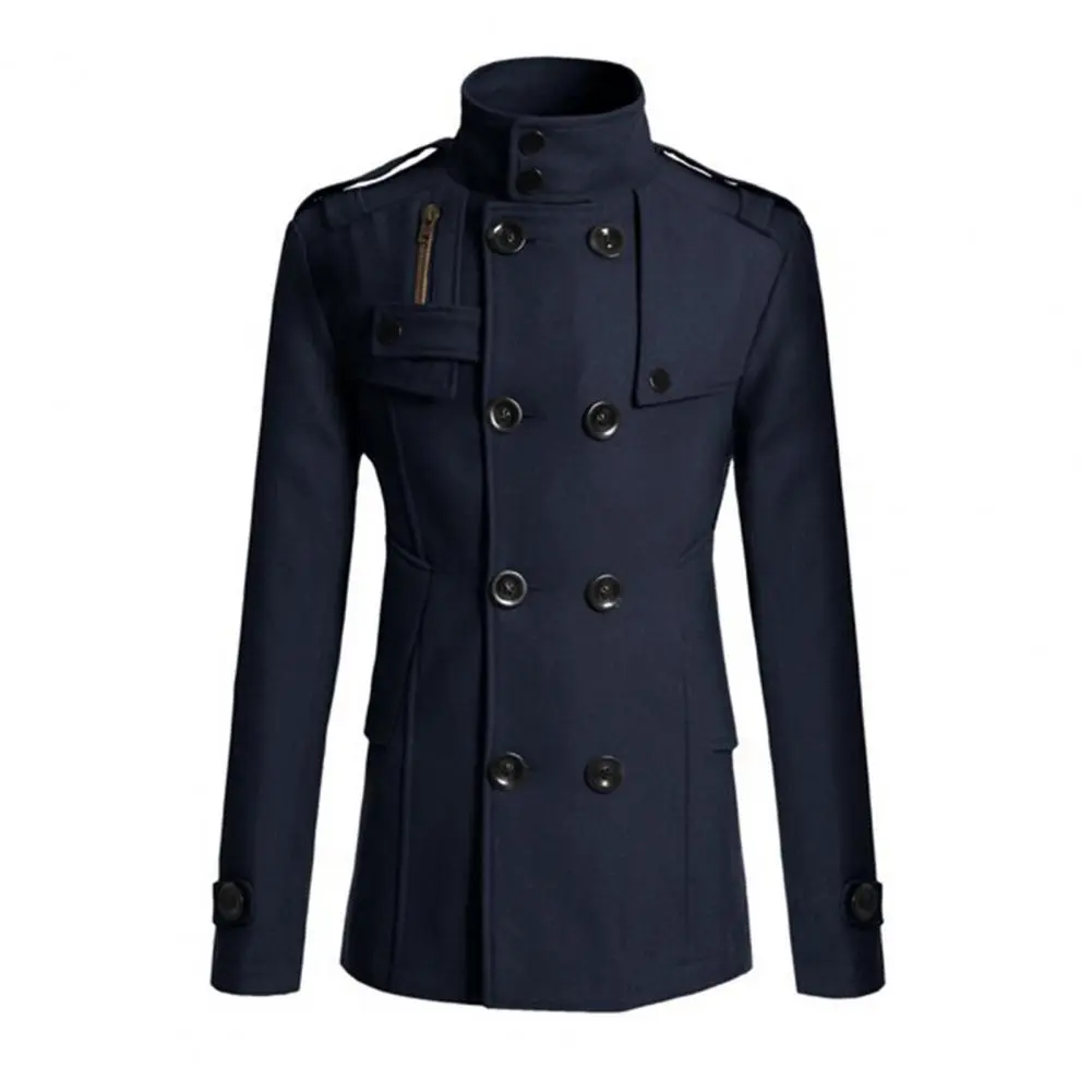 Men Woolen Coat Stand Collar Double-Breasted Closure Mid-Length Retro British Style Windbreaker Autumn Solid Male Trench Coat