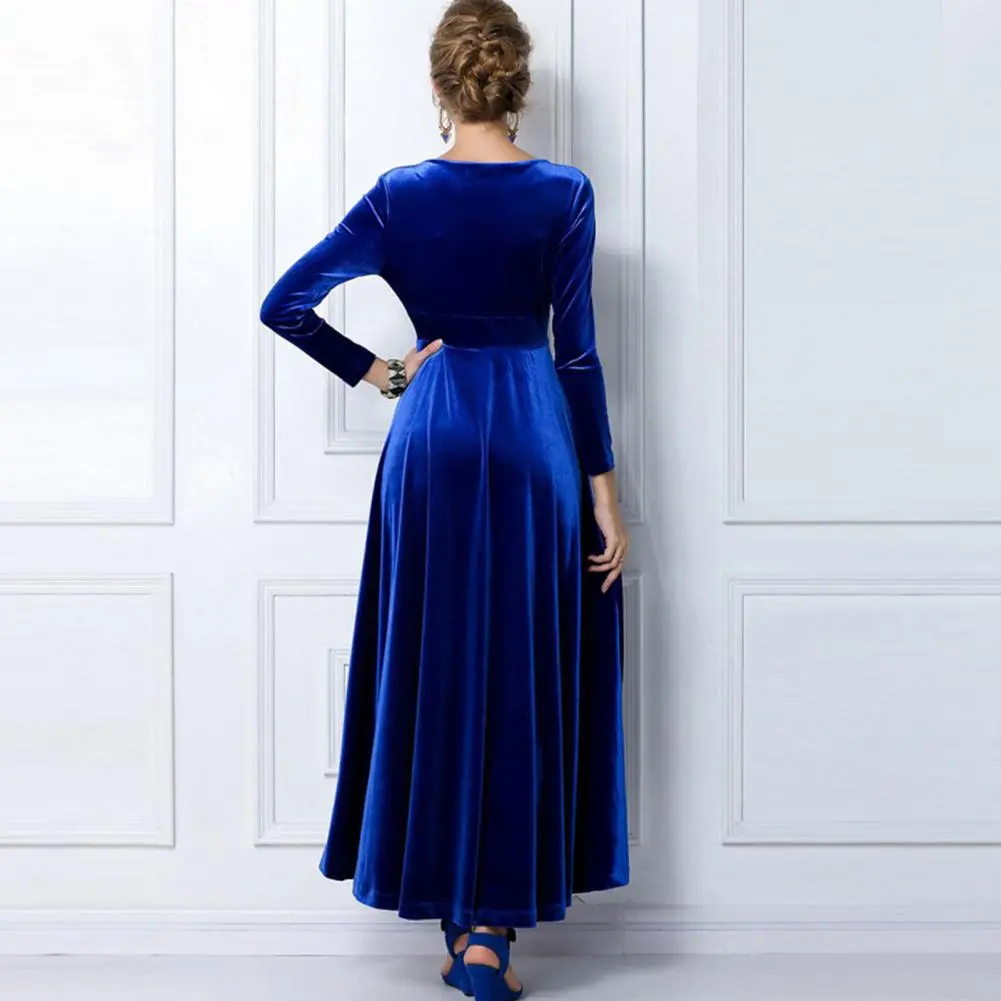Golden Velvet V Neck Women Dress Pleated A-line Pure Color Long Sleeves Autumn Long Dress High Waist Prom Party Maxi Dress