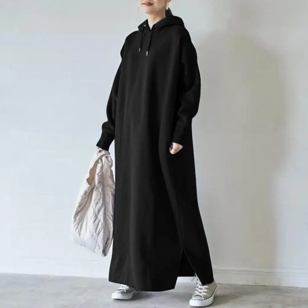 Drawstring Sweatshirt Dress Long Sleeve Side Split Hem Thickened Fleece Lining hoodie Dress Oversized Warm Hooded Maxi Dress