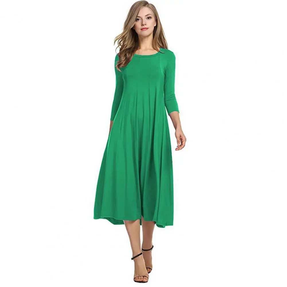 Casual Loose Cut Dress Women A-line Dress Elegant Women's Cotton Swing Dress with 3/4 Sleeve Crew Neck Loose Pleated for Autumn
