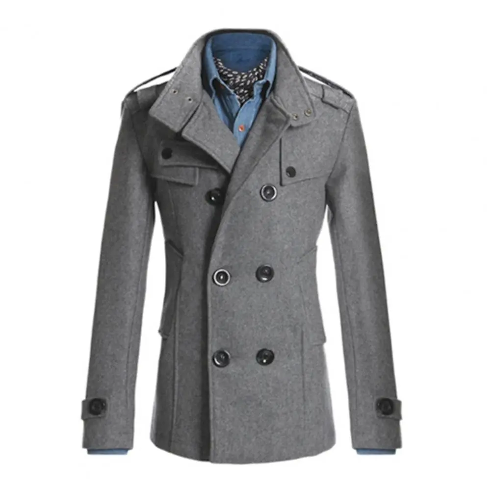 Men Woolen Coat Stand Collar Double-Breasted Closure Mid-Length Retro British Style Windbreaker Autumn Solid Male Trench Coat
