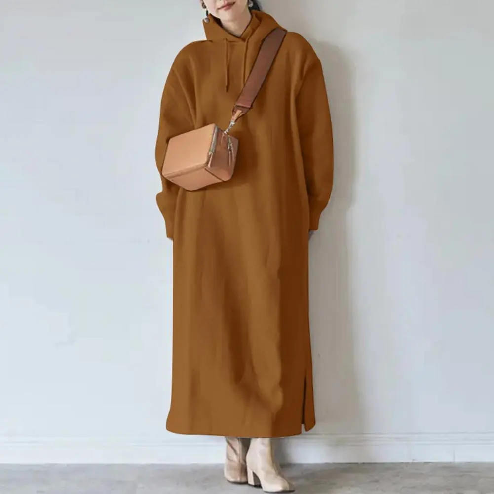 Drawstring Sweatshirt Dress Long Sleeve Side Split Hem Thickened Fleece Lining hoodie Dress Oversized Warm Hooded Maxi Dress