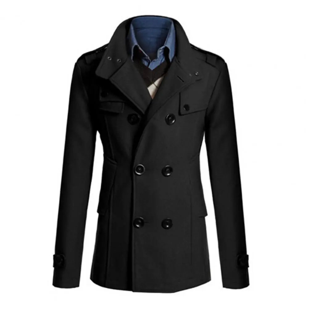 Men Woolen Coat Stand Collar Double-Breasted Closure Mid-Length Retro British Style Windbreaker Autumn Solid Male Trench Coat