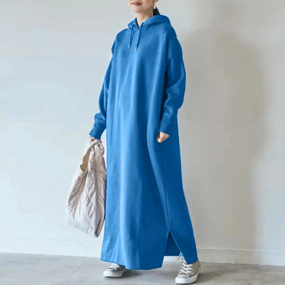 Drawstring Sweatshirt Dress Long Sleeve Side Split Hem Thickened Fleece Lining hoodie Dress Oversized Warm Hooded Maxi Dress