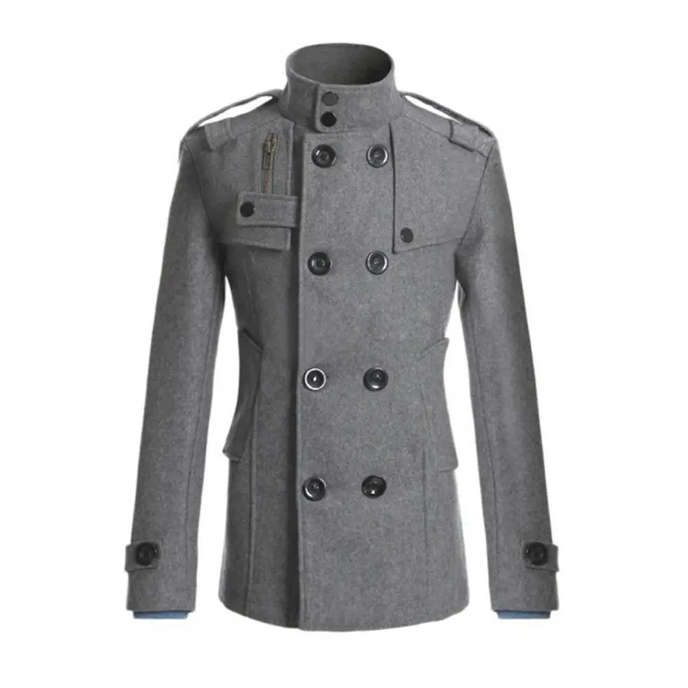 Men Woolen Coat Stand Collar Double-Breasted Closure Mid-Length Retro British Style Windbreaker Autumn Solid Male Trench Coat