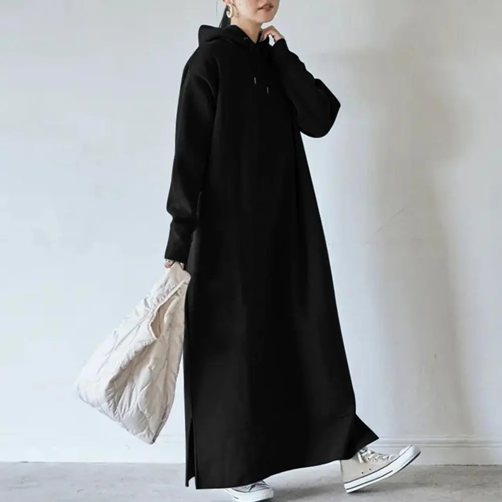 Drawstring Sweatshirt Dress Long Sleeve Side Split Hem Thickened Fleece Lining hoodie Dress Oversized Warm Hooded Maxi Dress