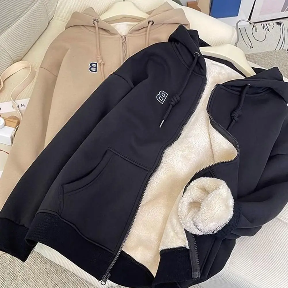 Unisex Autumn Winter Hoodie Coat Drawstring Thick Plush Pockets Long Sleeve Sherpa Fleece Jacket Thick Warm Fleece Sweatshirt