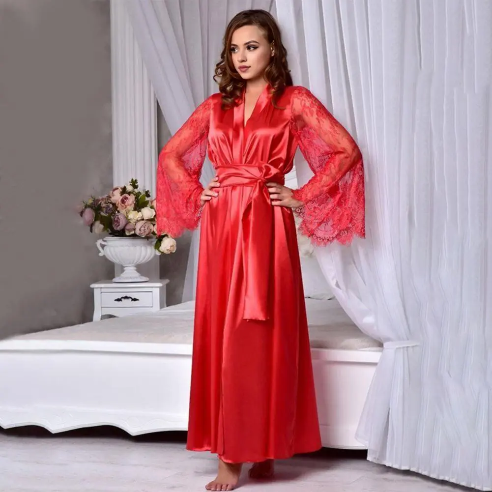 2025 Women Nightdress Sexy V-neck Waist Strap Sheer Lace Sleeve Nightie French Style Sensual Lace Night Robe Sleepdress Homewear
