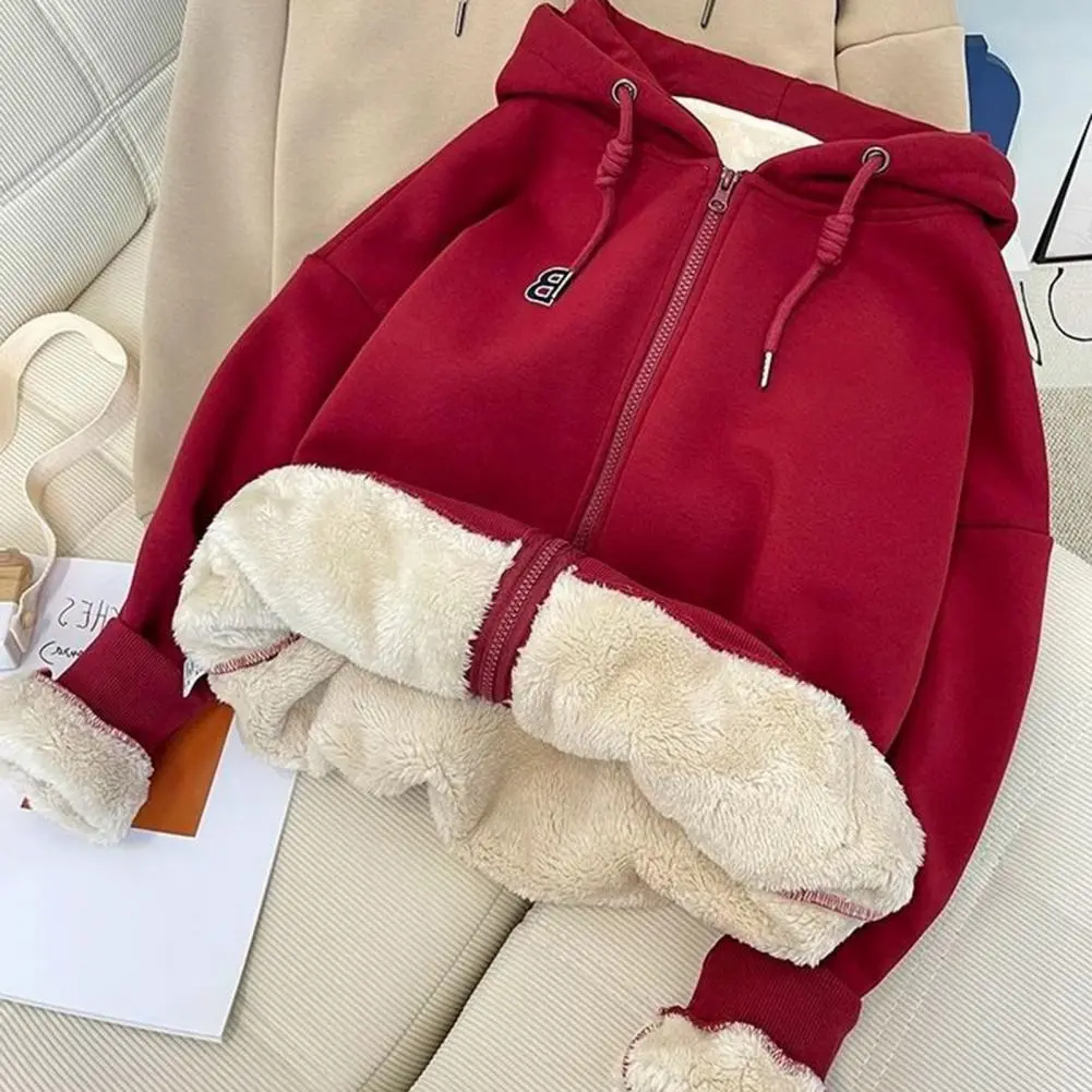 Unisex Autumn Winter Hoodie Coat Drawstring Thick Plush Pockets Long Sleeve Sherpa Fleece Jacket Thick Warm Fleece Sweatshirt