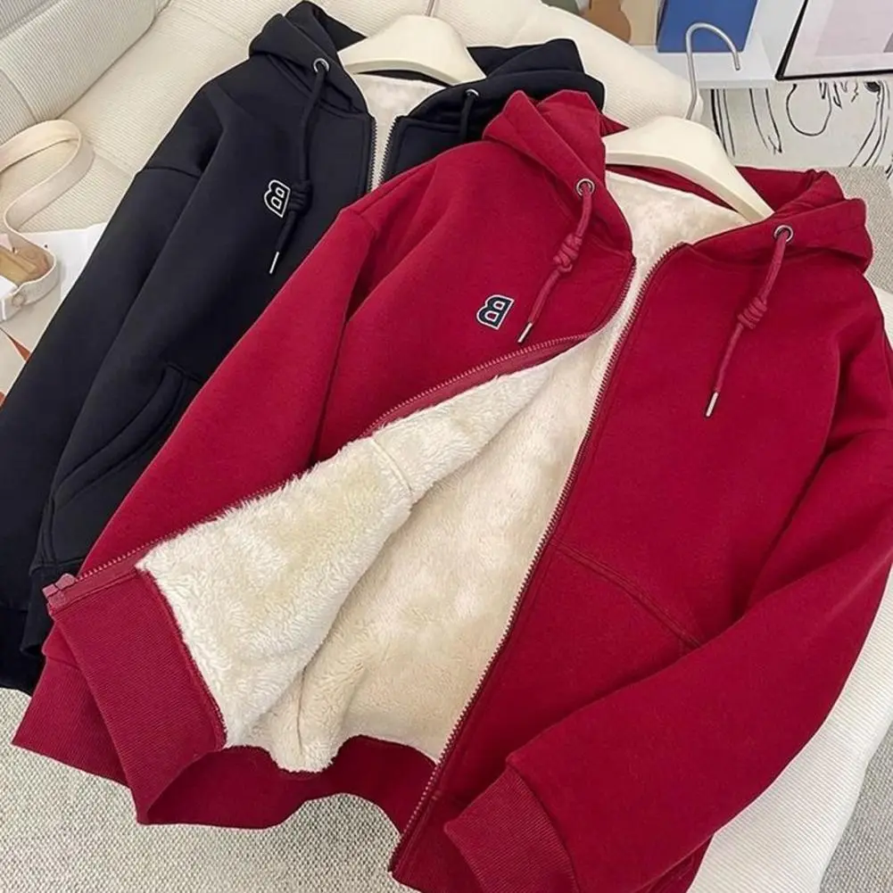 Unisex Autumn Winter Hoodie Coat Drawstring Thick Plush Pockets Long Sleeve Sherpa Fleece Jacket Thick Warm Fleece Sweatshirt