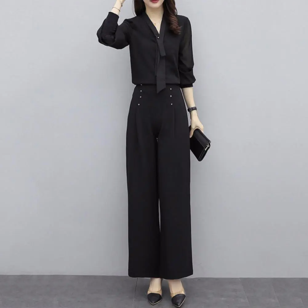 Women Shirt Pants Set Elegant V Neck Lace Up Long Sleeve Shirt Shirt Pants Set High Waist Wide Leg Pants Set Office Ladies Suit