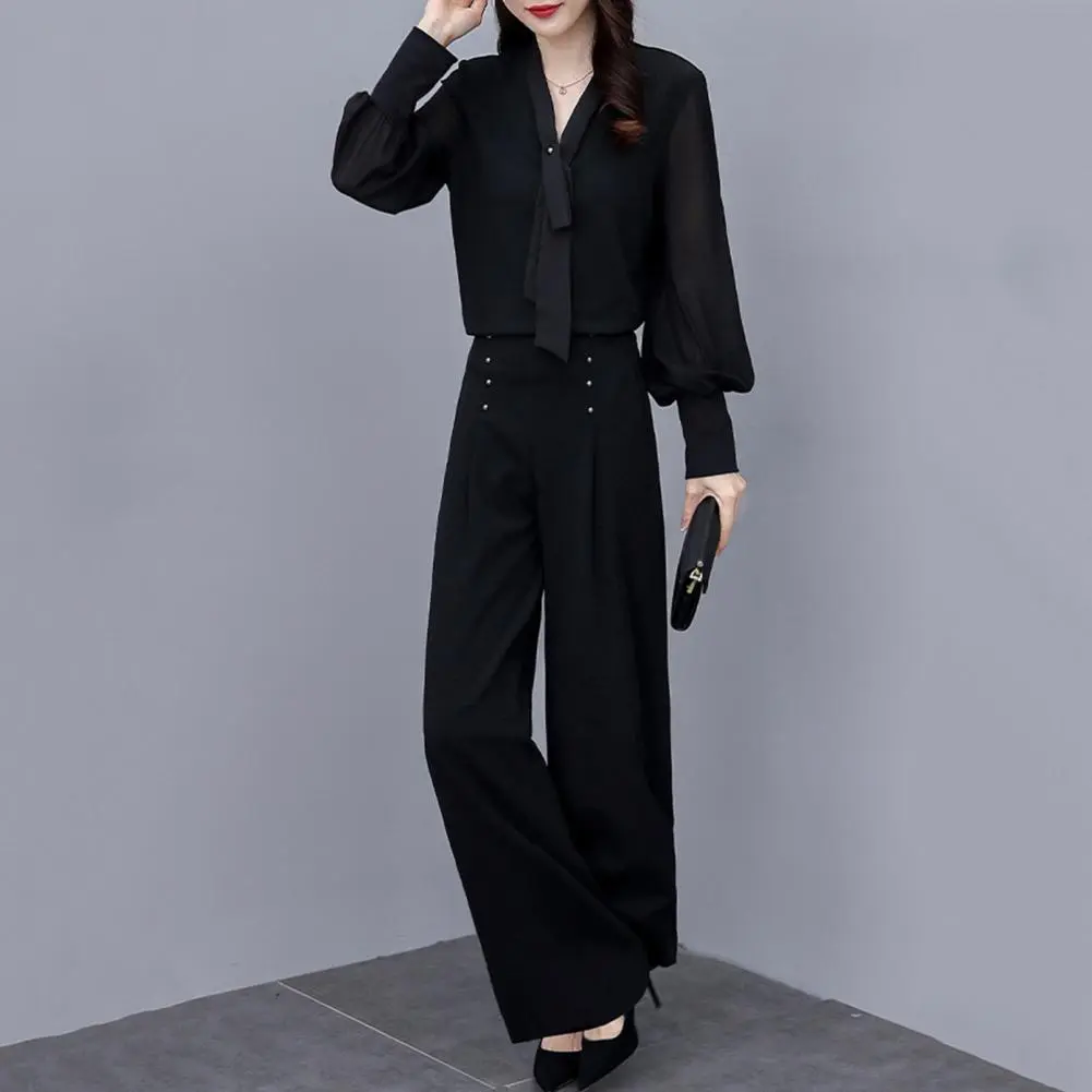 Women Shirt Pants Set Elegant V Neck Lace Up Long Sleeve Shirt Shirt Pants Set High Waist Wide Leg Pants Set Office Ladies Suit