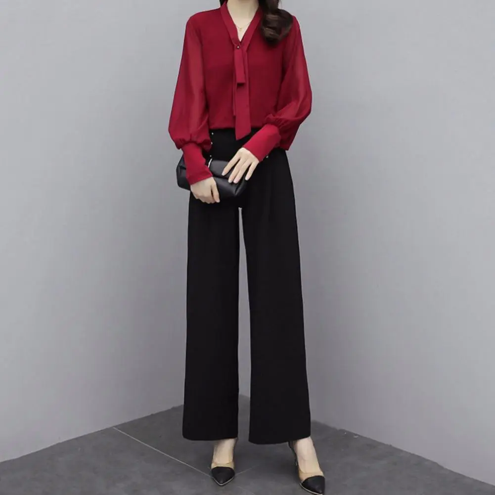 Women Shirt Pants Set Elegant V Neck Lace Up Long Sleeve Shirt Shirt Pants Set High Waist Wide Leg Pants Set Office Ladies Suit
