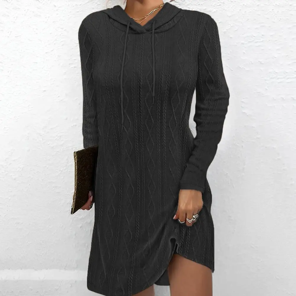 Women Dress Long Sleeve Dress Geometric Texture Hooded Mini Dresses for Women Soft Elastic Knit with Long Sleeves for Autumn