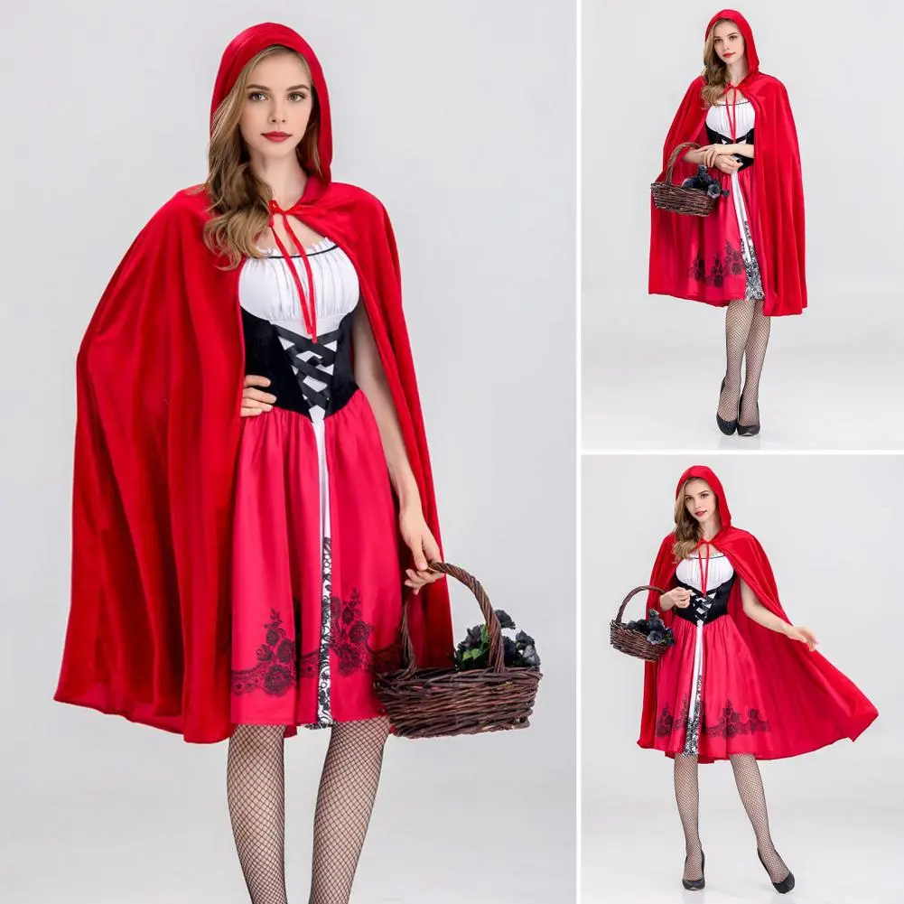 Women Hooded Cloak Dress Set Gothic Little Witch Maid Cosplay Outfit Red Hat Witch Cloak Dress Suit Halloween Cosplay Costume