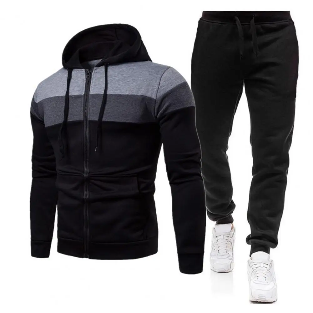 Zipper Closure Coat Set Men Fall Sportswear Set Colorblock Hooded Men's Tracksuit Set with Zipper Closure Elastic Waist