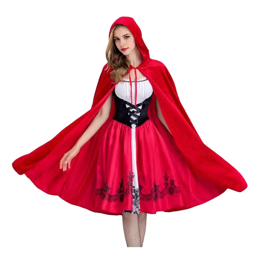 Women Hooded Cloak Dress Set Gothic Little Witch Maid Cosplay Outfit Red Hat Witch Cloak Dress Suit Halloween Cosplay Costume