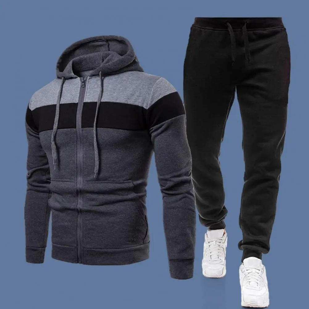 Zipper Closure Coat Set Men Fall Sportswear Set Colorblock Hooded Men's Tracksuit Set with Zipper Closure Elastic Waist