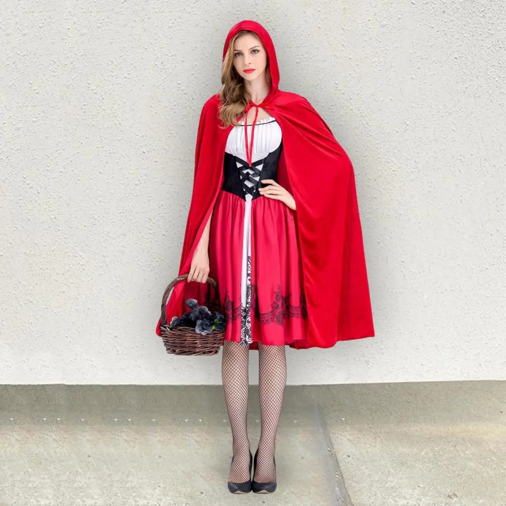 Women Hooded Cloak Dress Set Gothic Little Witch Maid Cosplay Outfit Red Hat Witch Cloak Dress Suit Halloween Cosplay Costume